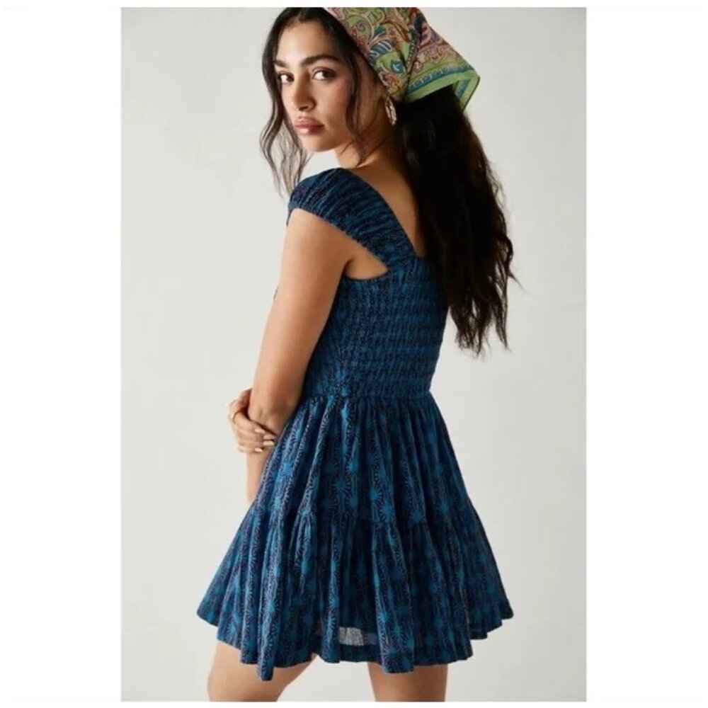 Free People Sweet Annie Mini Dress / Small / Aqua Blue Smocked Fit Flare